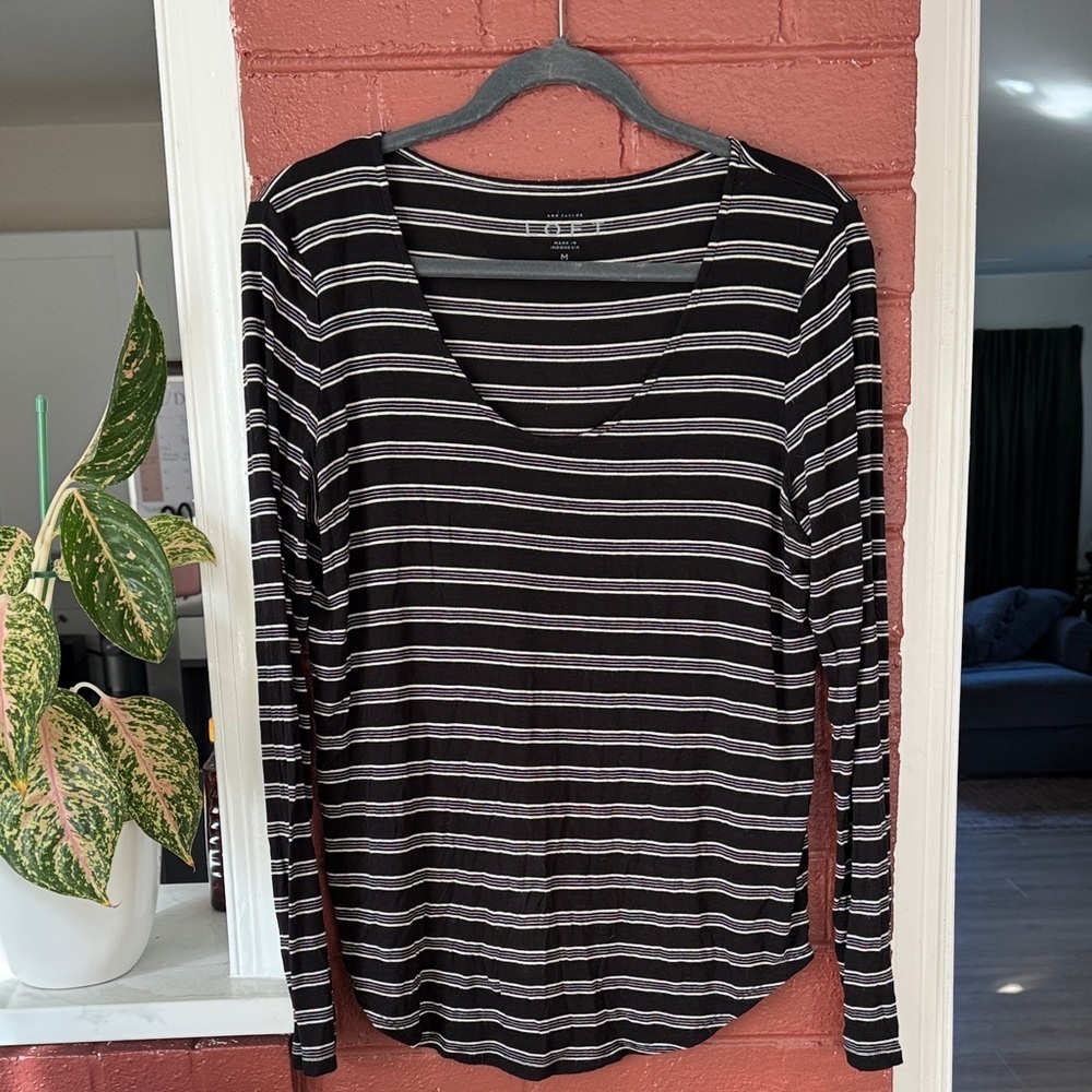 LOFT Black and White Striped Long Sleeve Tee